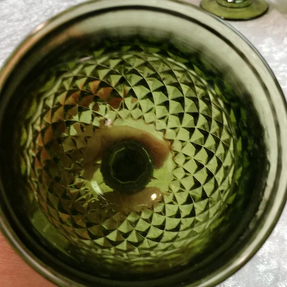 Vintage Glass Diamond Point Green Water Goblet, Mid Century Glass - Picture 4 of 9